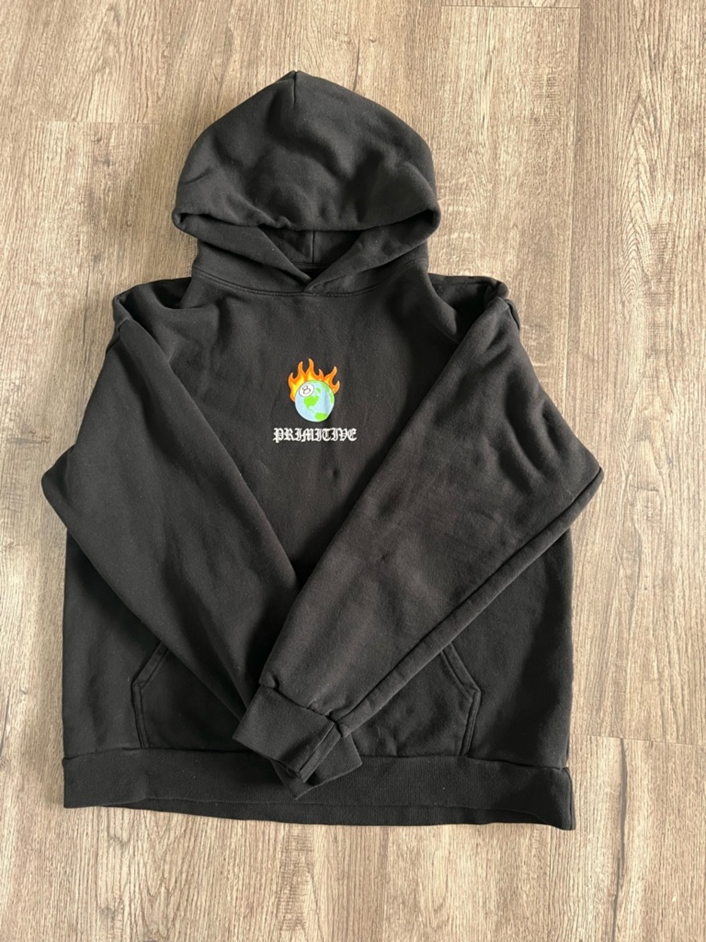 Primitive Black Crewneck Sweatshirt with Flaming Globe Graphic